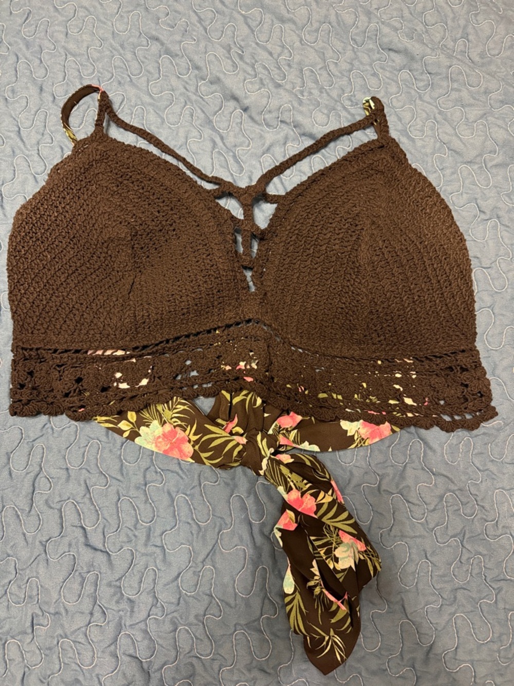 Black Crochet Bralette with Floral Tie-Back